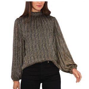 New Vince Camuto Long Sleeve Foil Mock Neck Blouse in "Rich Black"